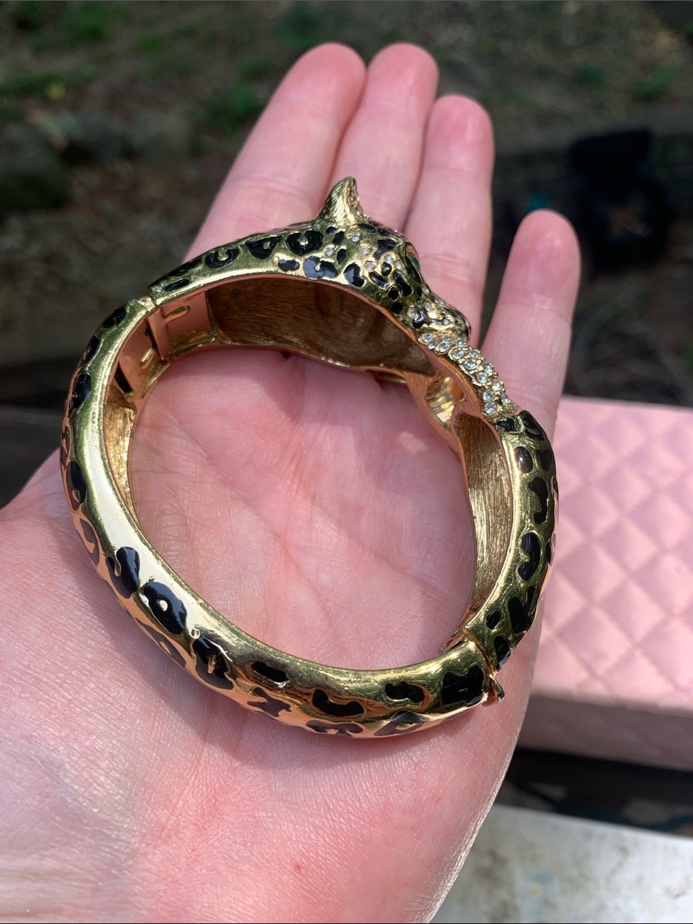 Ciner Leopard Hinged Bracelet with Swarovski Crystals and Green Cabochon Eyes - Picture 5 of 16
